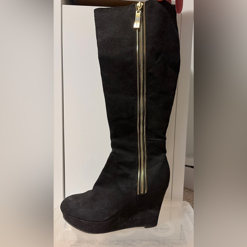 Christian Siriano Black Over the Knee Boots with Gold Accent